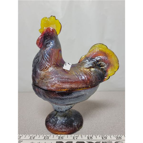 Rooster on nest iridescent carnival red tiny glass no chips or cracks