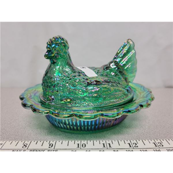 Hen on nest iridescent carnival green glass no chips or cracks