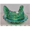 Image 3 : Hen on nest iridescent carnival green glass no chips or cracks