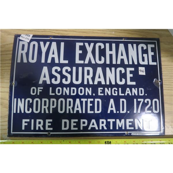Original Enamel Royal Exchange Assurance 1720 Fire Department Sign 18 X 12