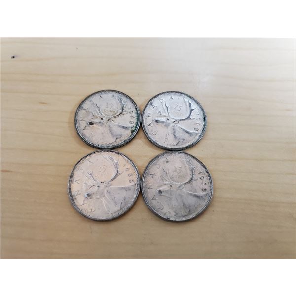 4 silver Canadian 1968 quarters (non magnetic)