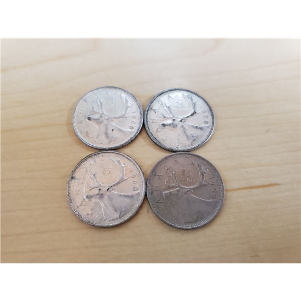 4 silver Canadian 1968 quarters (non magnetic)