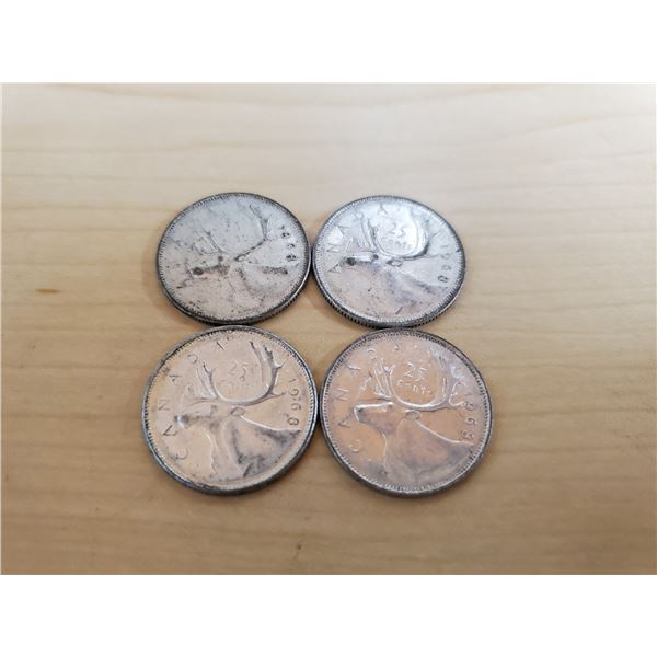4 silver Canadian 1968 quarters (non magnetic)