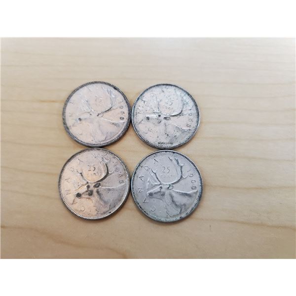 4 silver Canadian 1968 quarters (non magnetic)