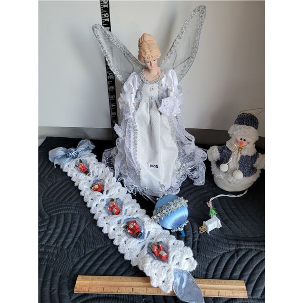 Angel tree topper, snowman and ornaments.