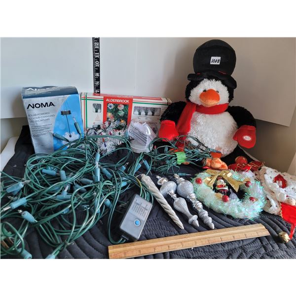 Christmas lot. Singing penguin, Solar snowflake, 2 light strings, one with multiple blinking setting