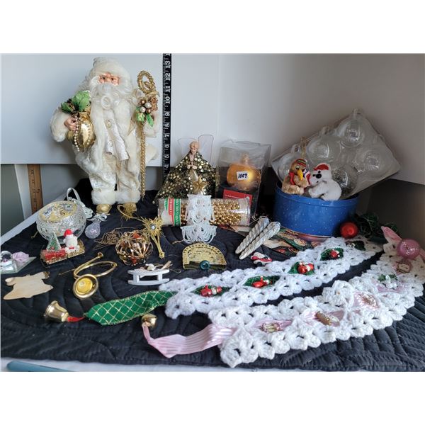 Lot of assorted Gold christmas decor. Beaded garland, paper wrap, angel tree topper & gold & brass o