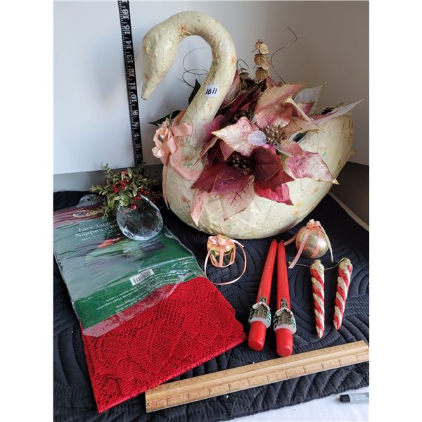 Vintage paper mache Christmas Swan with floral poinsettia. Square red lace tablecloth, candles & orn