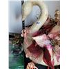 Image 2 : Vintage paper mache Christmas Swan with floral poinsettia. Square red lace tablecloth, candles & orn