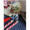 Image 5 : Vintage paper mache Christmas Swan with floral poinsettia. Square red lace tablecloth, candles & orn