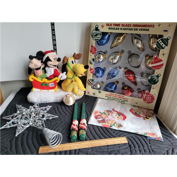 Christmas Vintage decorated glass bulbs, tree topper star, candles, plus a plush, singing Disney hol