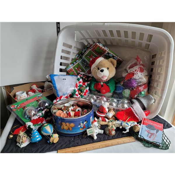 Singing Christmas Bear lot. Various decor & crafts in laundry basket.