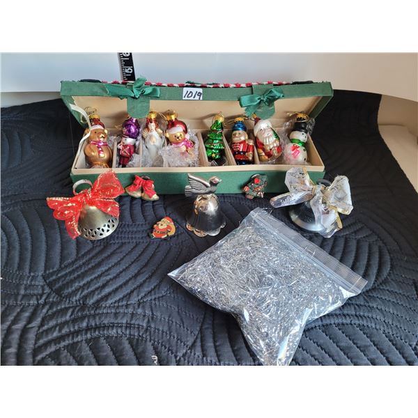 Vintage glass ornaments, silver and brass bells, holiday magnets & tinsel.