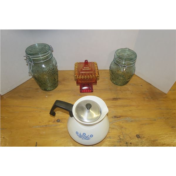 Corningware teapot, candy dish, 2 green fruit-embossed glass jars