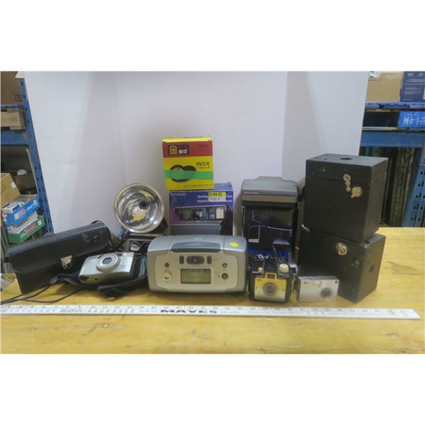 Vintage camers, film, flashbulbs,/HP photosmart printer