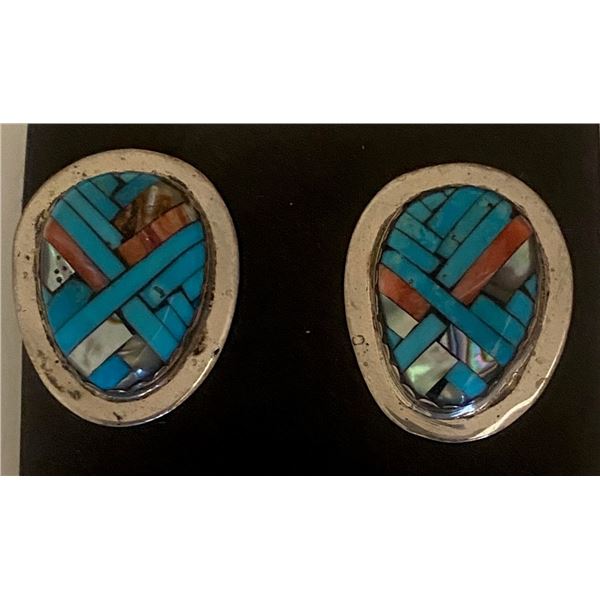 Turquoise Mosaic Clip Earrings in Silver by Kewa Artist Joe and Angie Reano