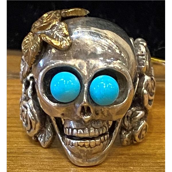 Skull Sterling Silver Ring with Turquoise Eyes