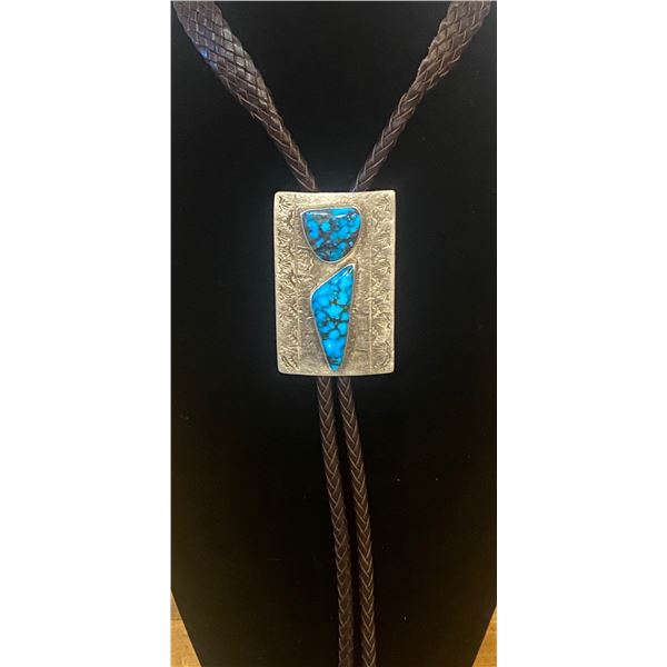 High Grade Turquoise Bolo with Tufa Cast Silver Slider