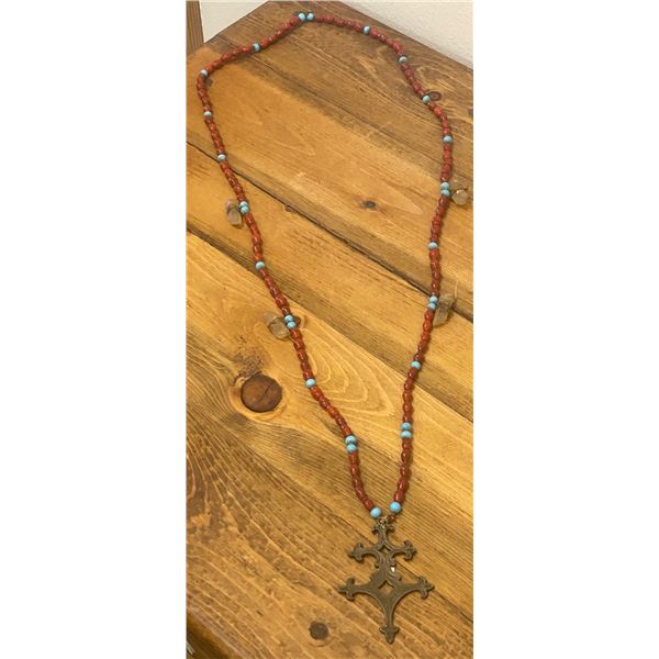 Coral, Turquoise, Crystal Necklace with Dragonfly Cross