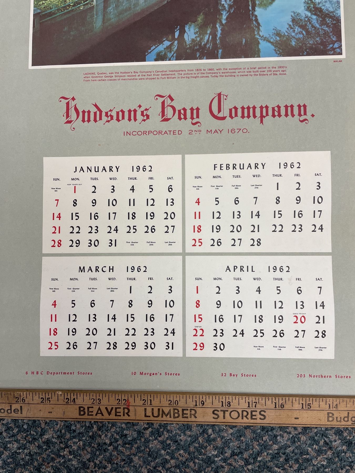 Large Hudson Bay Co 1962 Calendar Complete