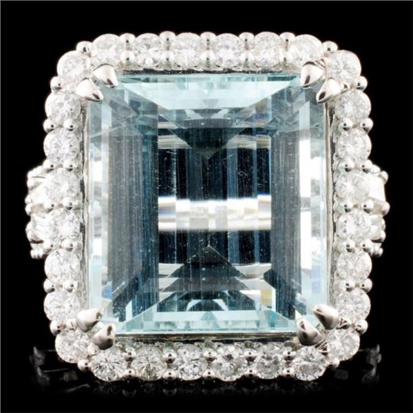 18K Gold 12.49ct Aquamarine & 1.42ctw Diamond Ring