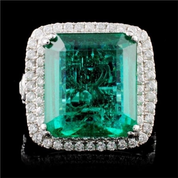 18K W Gold 9.87ct Emerald & 1.33ct Diamond Ring