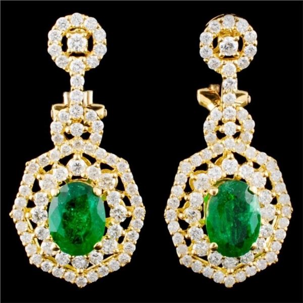 18K Gold 1.98ct Emerald & 1.85ctw Diamond Earrings