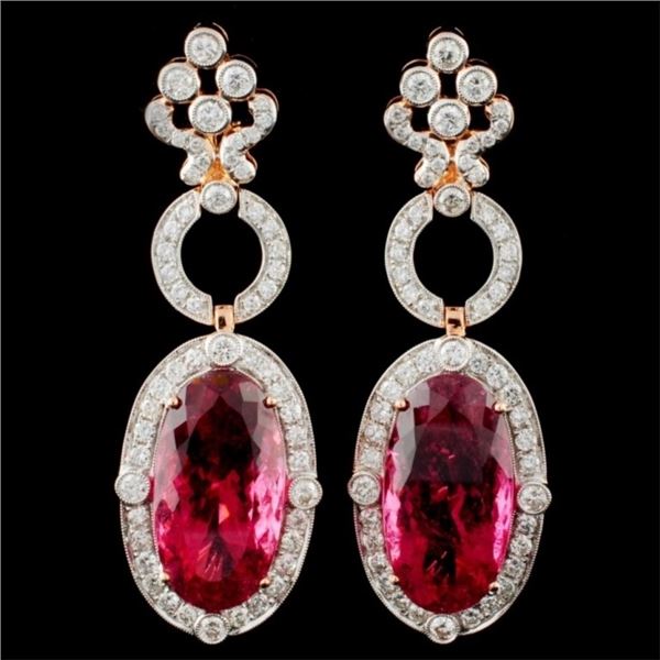 18K Gold 35.22ct Rubellite & 3.40ct Diamond Earrin