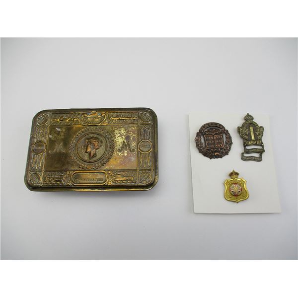 WWI CANADIAN BADGES + TIN