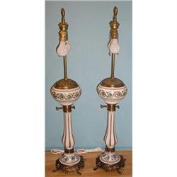 PAIR OF ANTIQUE ART GLASS & BRASS LAMPS #2298702