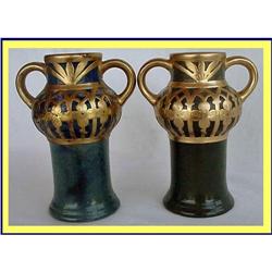 2 FRENCH NOUVEAU GOLD OVERLAY ART POTTERY VASES#2299235