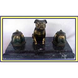 SIGNED MARBLE DESK SET INKWELL BRASS BULLDOG #2299244