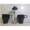 NEW GLASS FRENCH PRESS FROTH-A-MATIC WITH MATCHING MUGS