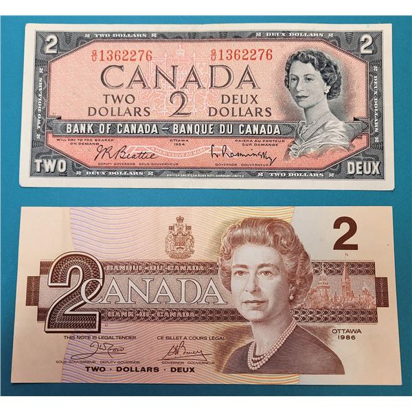 LOT OF 2 CANADIAN $2.00 BANKNOTES, 1954 & 1986