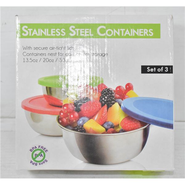 SET OF 3 STAINLESS STEEL STORAGE CONTAINERS WITH