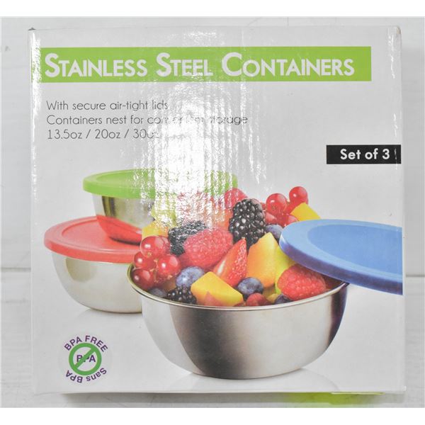 SET OF 3 STAINLESS STEEL STORAGE CONTAINERS WITH