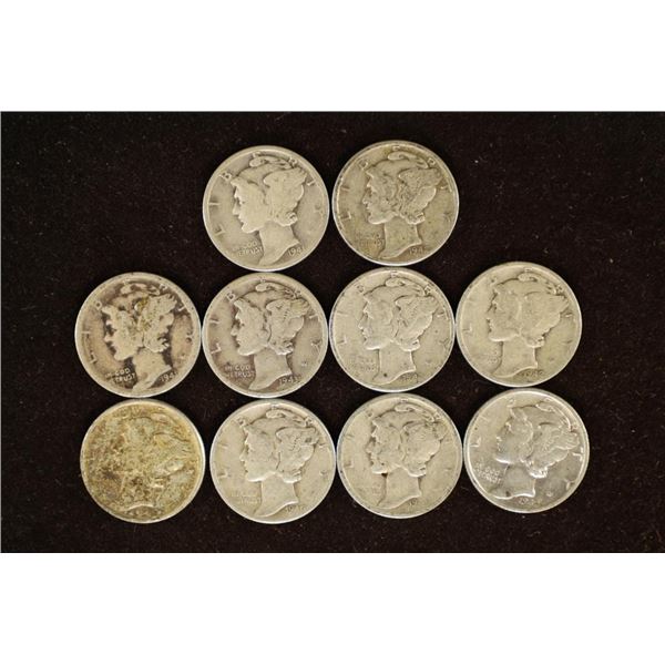 10 ASSORTED 1940'S SILVER MERCURY DIMES