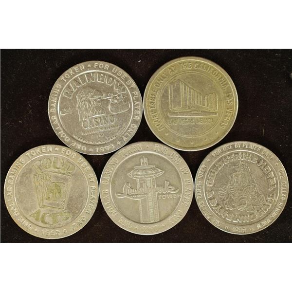 5-ASSORTED $1 GAMING TOKENS 1993 RAINBOW CASINO