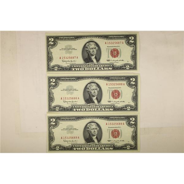 3 PIECES OF 1963 $2 US NOTES CRISP UNC WITH