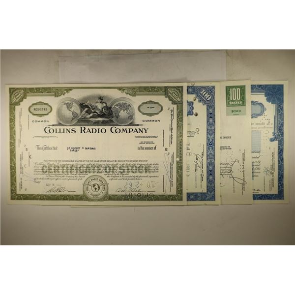 4 ASSORTED STOCK CERTIFICATES COLLINS RADIO