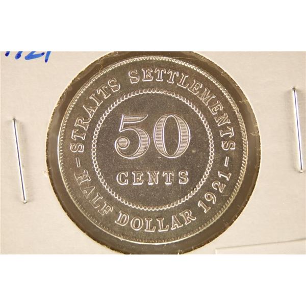 1921 STRAITS SETTLEMENTS SILVER 50 CENTS AU