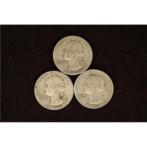 1943, 1951 & 1956-D WASHINGTON SILVER QUARTERS