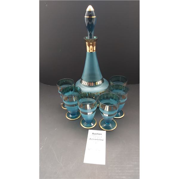 Vintage Blue Glass Decanter & Glasses Cat A
