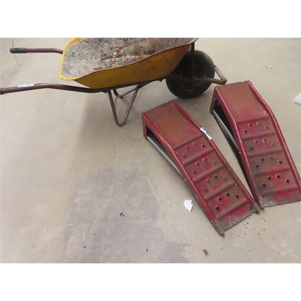 Wheel Barrow, Car Ramps & Snow Shovel