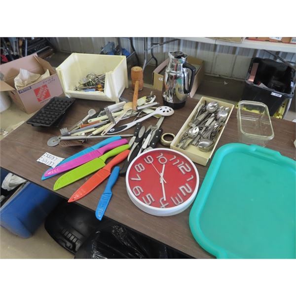 (SS) Colored Glass, Platters, Ashtrays, Kitchen Ware, Utensils, & Clock