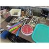 Image 1 : (SS) Colored Glass, Platters, Ashtrays, Kitchen Ware, Utensils, & Clock