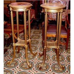 Pair French table stand carved wood marble top #2276541