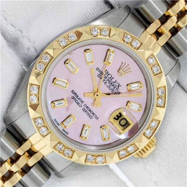 Rolex Ladies 26 2T Pink MOP Baguette 18K YG Diamond Bezel Serviced And Polished