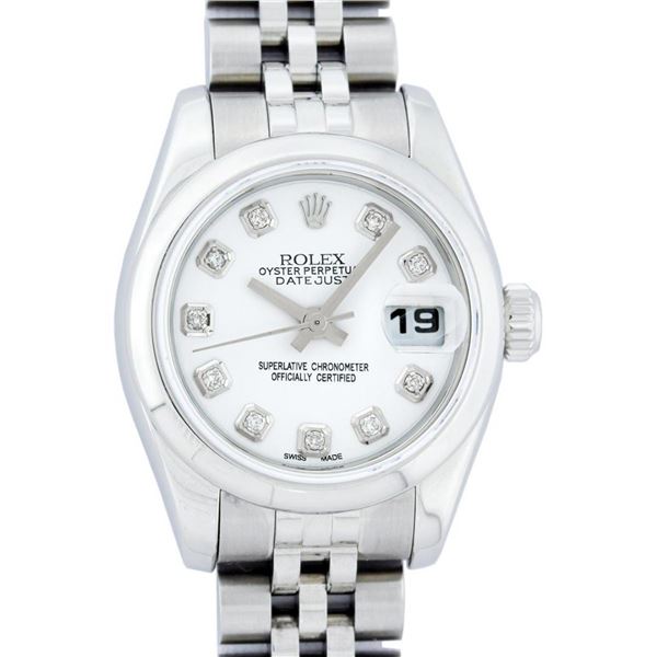 Rolex Ladies Stainless Steel White Diamond Quickset Datejust Wristwatch