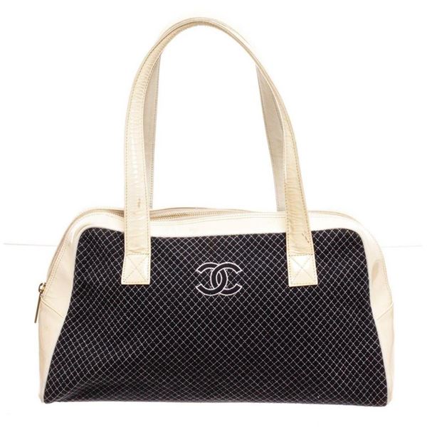 Chanel Cream Navy Blue Patent Trim Tote Bag